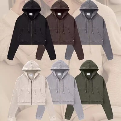 Morningoolala YLA美式复古华夫格连帽卫衣瑜伽运动健身短款外套