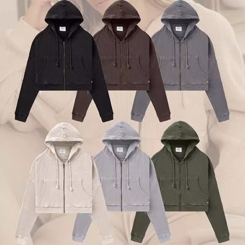 Morningoolala YLA美式复古华夫格连帽卫衣瑜伽运动健身短款外套