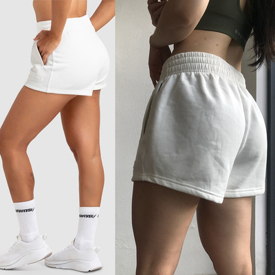 Morningoolala 澳dye 抓绒松紧腰运动跑步健身短裤 女 白色