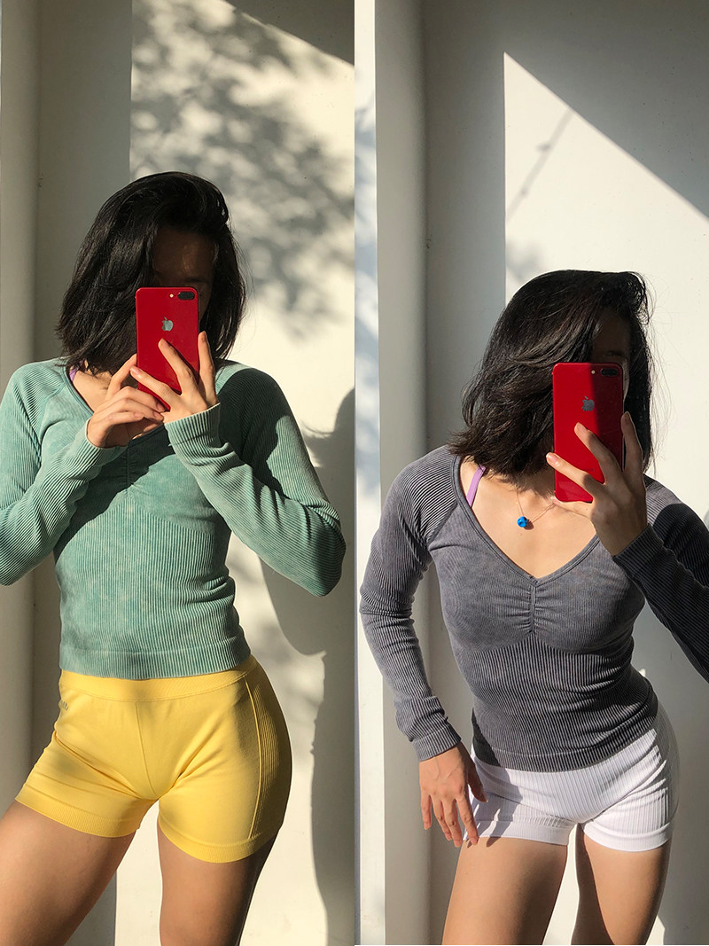 morningoolala 内里有薄绒 砂洗修身健身瑜伽跑步运动长袖上衣 女