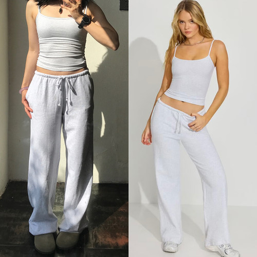 Morningoolala SoftTerry Wide Leg 美式低腰运动休闲灰色长裤 女
