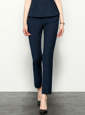 职业正装西裤女春秋修身西裤直筒休闲长裤黑色条纹工装工作服裤子