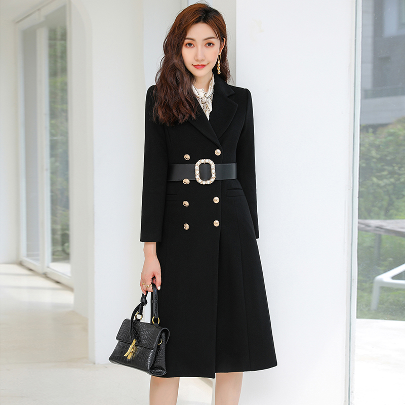 气质法式复古黑色收腰毛呢大衣