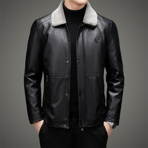 脱卸内胆羽绒服男中年翻领真毛领PU皮夹克羽绒冬装外套2217P225图片