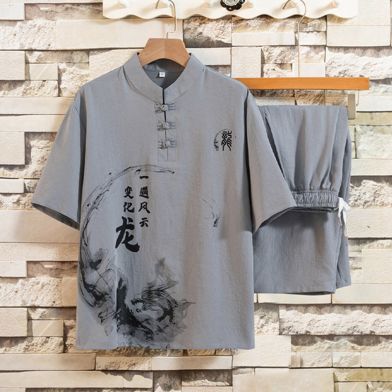 套装男夏季短袖t恤薄款风唐装6分裤印花衣服工作服HP45，男装民族服装，星座1010A-1