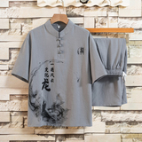 套装男夏季短袖t恤薄款风唐装6分裤印花衣服工作服HP45，男装民族服装，星座1010A-1