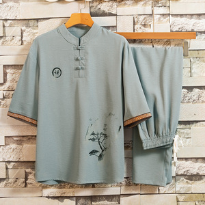 夏季风休闲套装男士盘扣汉服复古风潮牌古装唐装T恤男T104P48