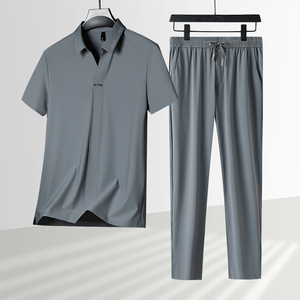 夏季冰丝弹力套装时尚男爸爸装翻领T恤长裤无痕压胶两件套5808P85,男装中老年男装,星座1010A-1