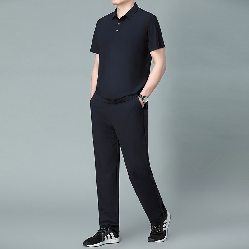 休闲运动套装男中年透气短袖T恤长裤冰丝无痕弹力两件套薄5605P85，男装休闲套装，星座1010A-1