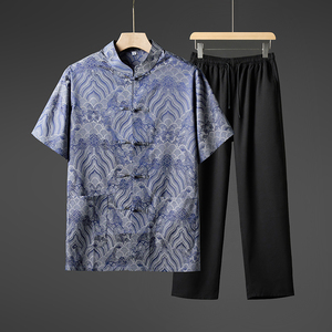 夏季冰感风短袖套装男中老年人唐装时尚单上衣批35T601P50，男装休闲套装，星座1010A-1