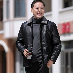 中老年商务休闲羽绒绒服男可脱卸内胆PU皮夹克羽绒真毛领2217P225图片