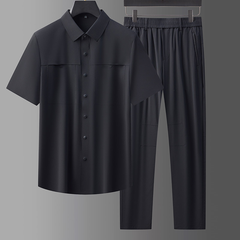 高弹锦氨中青年男士无痕压胶衬衫上衣长裤两件套男爸爸装5957P130，男装休闲套装，星座1010A-1
