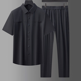 高弹锦氨中青年男士无痕压胶衬衫上衣长裤两件套男爸爸装5957P130，男装休闲套装，星座1010A-1