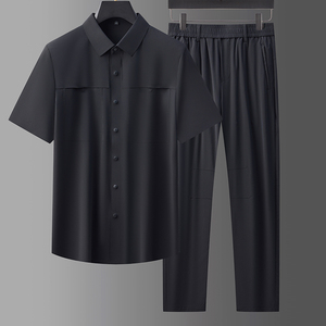 高弹锦氨中青年男士无痕压胶衬衫上衣长裤两件套男爸爸装5957P130，男装休闲套装，星座1010A-1