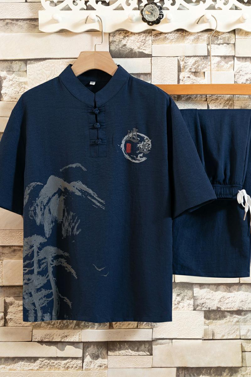 风两件套夏季短袖套装男士汉服衣服禅服唐装6分裤H1687P45,男装T恤,星座1010A-1