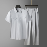 商鸟同款速干冰丝长裤套装男品质商务衬衫两件套男5968P138，男装休闲套装，星座1010A-1