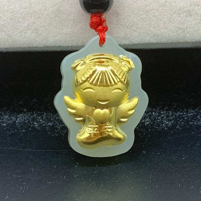 金镶玉吊坠女正品新款和田玉足金天使白玉黄金玉石坠送女友送老婆