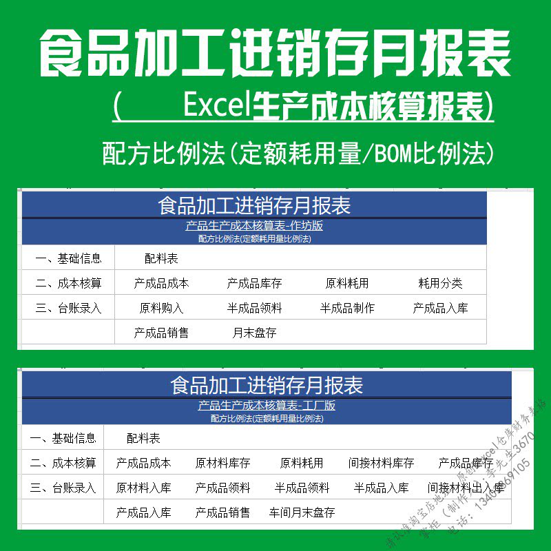 食品加工生产成本核算excel表格进销库存报表配方比例法产品利润