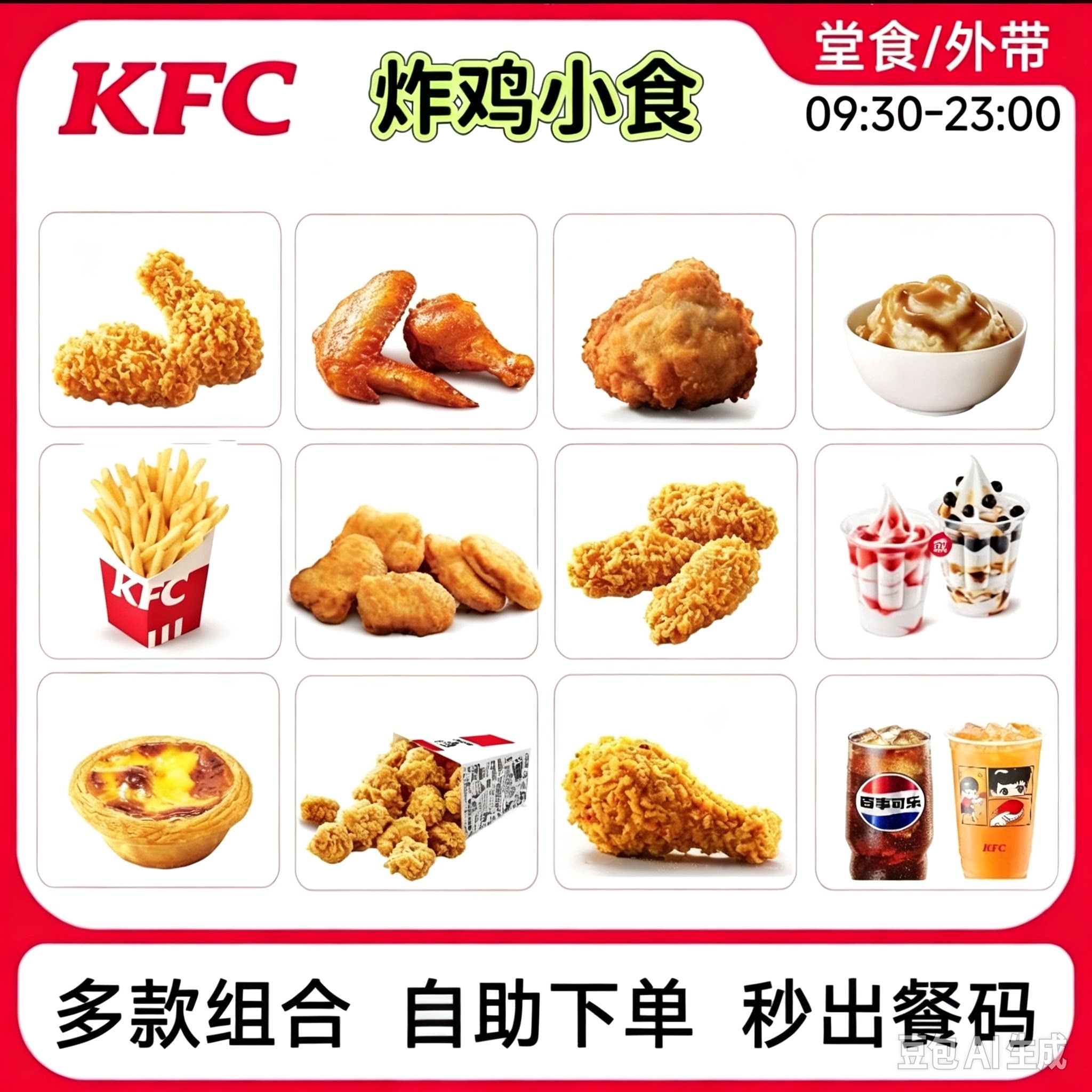 KFC肯德基下午茶辣翅炸鸡小食代点黄金鸡块圣代薯条脆皮鸡蛋挞