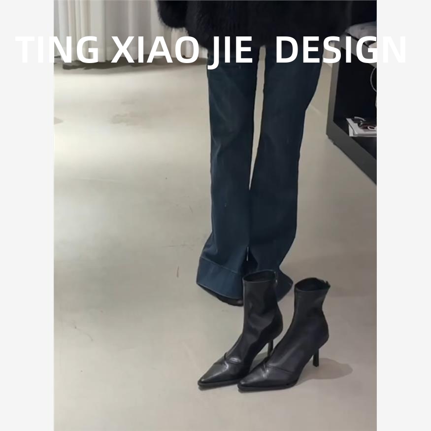 牛皮版！黑色高跟短靴配