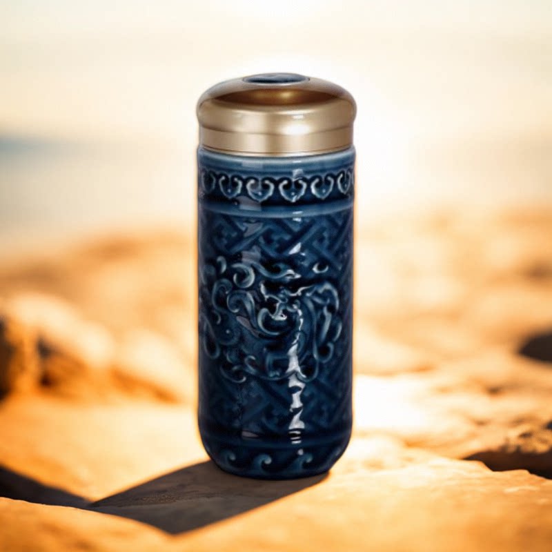 乾唐轩双层男士势在必得活瓷杯便携盛世祥龙水杯带盖陶瓷随身杯