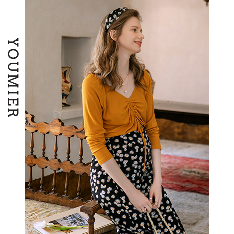 优密儿孕妇装初秋新款孕妇抽绳T恤长袖宽松褶皱上衣薄款