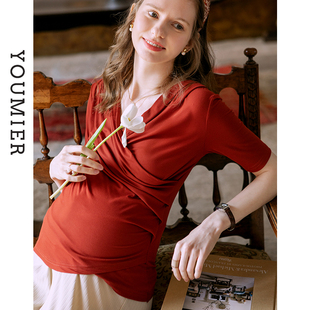 夏季 V领中长款 新款 T恤修身 孕妇上衣哺乳 孕妇短袖 优密儿孕妇装