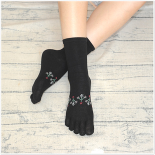 秋冬新品松口五指袜女纯棉中筒黑色宽口孕妇全棉吸汗保暖分趾袜