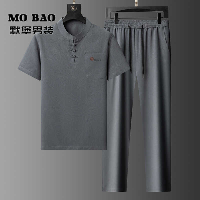 运动服套装男士冰丝短袖中老年休闲速干爸爸夏装父亲节衣服