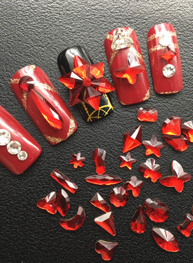 diy平底异形大红色新年指甲钻