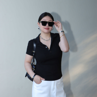 上衣女修身 多肉宝贝高级感正肩POLO领百搭纯色短袖 显瘦T恤