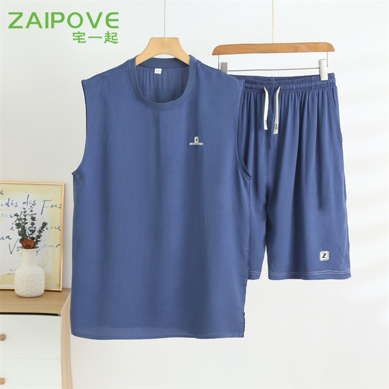 背心短裤棉绸睡衣套装男士夏季
