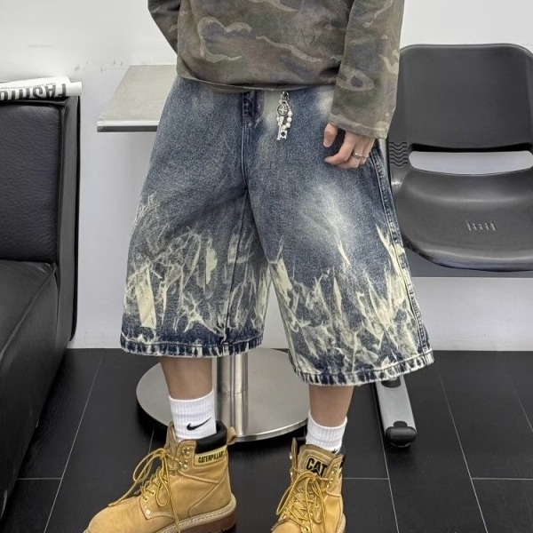 美式复古扎染闪电纹牛仔七分裤男