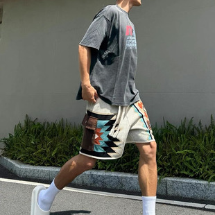 复古纳瓦霍针织短裤 夏季 美式 男款 子 学生网眼五分裤 撞色刺绣休闲裤