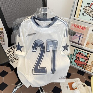 美式复古冰丝网眼休闲运动球衣V领短袖T恤男女夏季情侣27号上衣潮