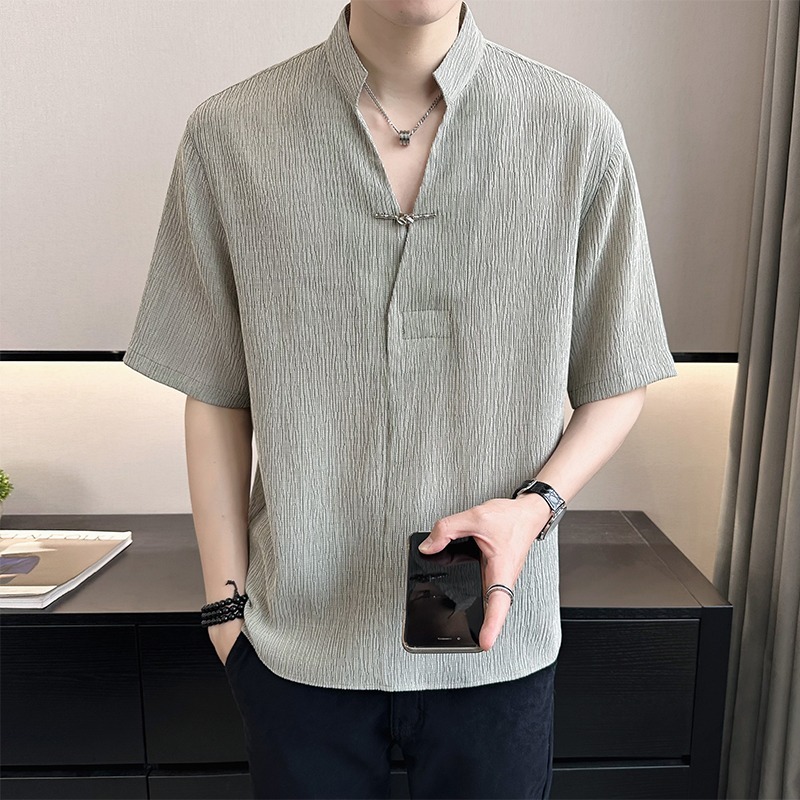 中国风v领男士t恤短袖2025新款