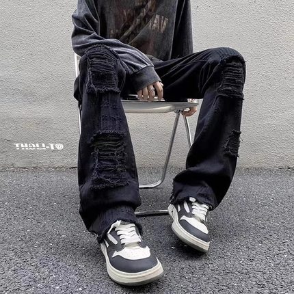 白色破洞牛仔裤男款春夏季美式高街vibe毛边裤子修身直筒微喇长裤