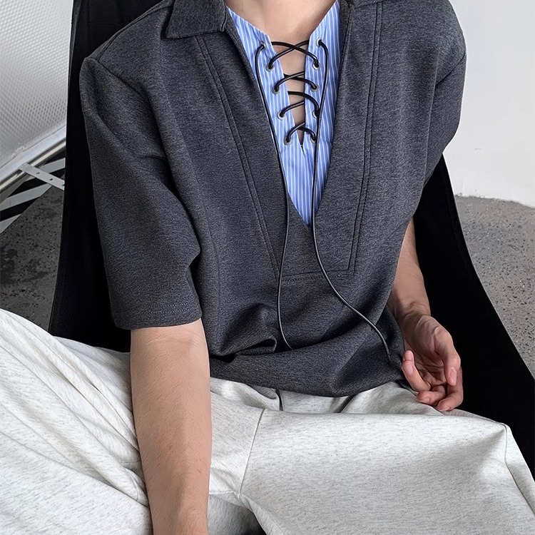 小众拼接系带V领假两件Polo衫男