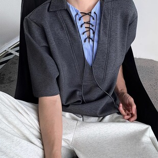 小众拼接系带V领假两件Polo衫男款夏季痞帅高级感美式高街短袖T恤