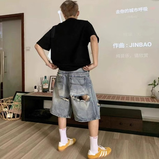2025新款破洞牛仔短裤男款夏季美式hiphop七分裤小众设计感乞丐裤