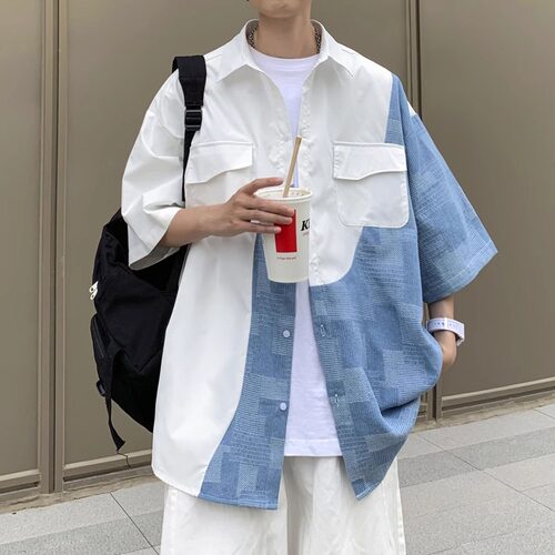 cleanfit浅蓝格子拼接七分袖衬衫