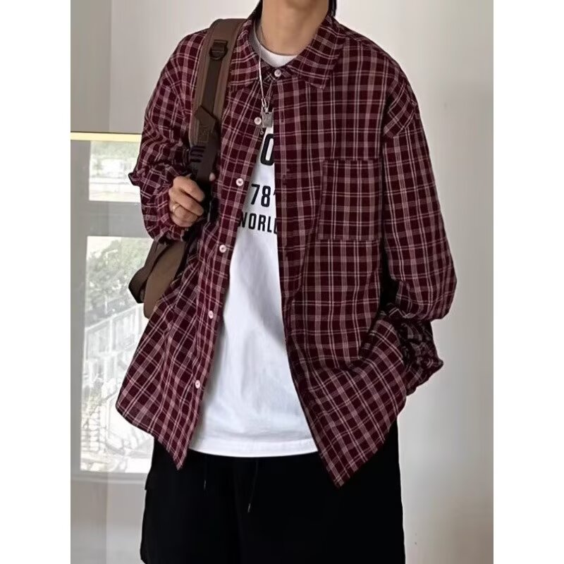 日系简约复古红色格纹长袖衬衫男