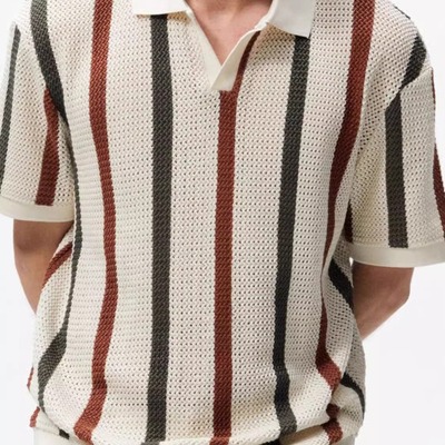 夏季条纹撞色翻领短袖t恤男士潮