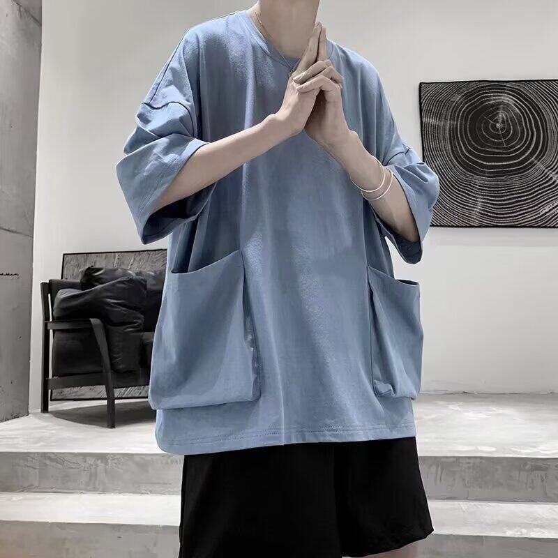 日式大阔版短袖蝙蝠袖大口袋男女款工装t恤美式高街复古半袖上衣