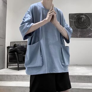 日式大阔版短袖蝙蝠袖大口袋男女款工装t恤美式高街复古半袖上衣