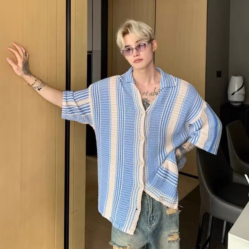 美式蓝白撞色针织衬衫短袖男生夏