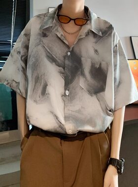 夏威夷扎染短袖衬衫男夏季冰丝宽