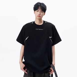 重磅黑色短袖 拉链垫肩t恤男夏季 男生潮流设计感衣服高级感美式