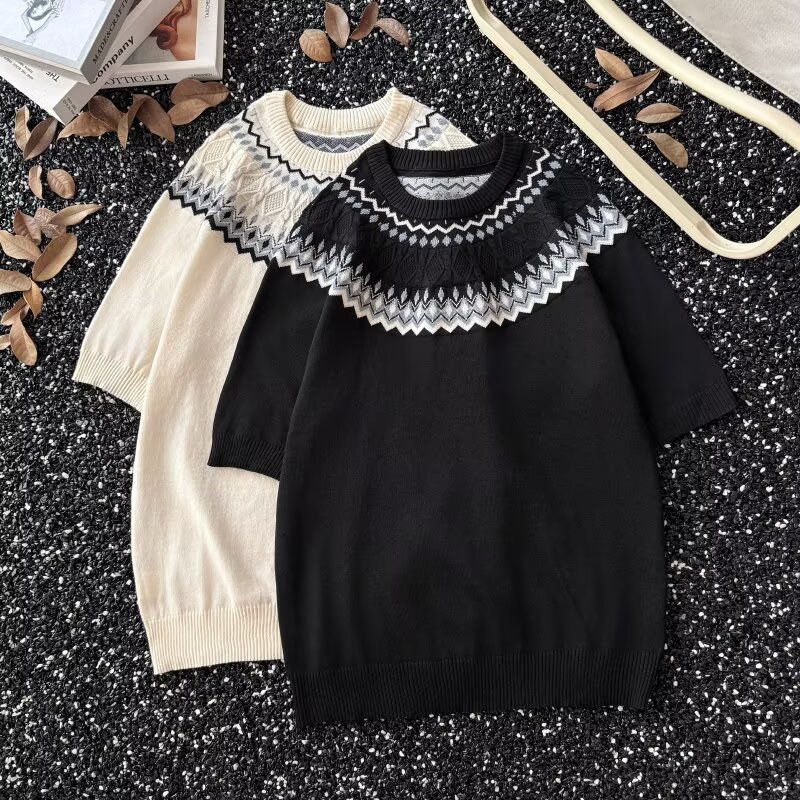 美式复古cleanfit费尔岛针织短袖