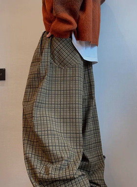 细格纹阔腿裤ins复古暗军绿宽松慵懒休闲裤子美式弯刀裤拖地长裤